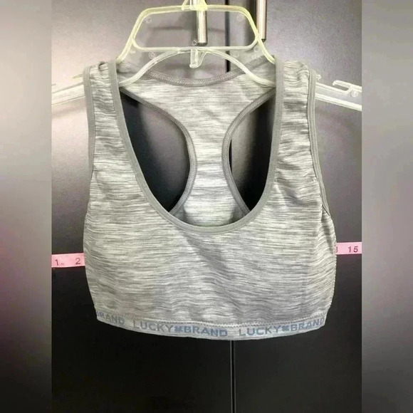 Lucky Brand Racerback removable pads,scoop neck, heathered gray Logo Sports Bra - Picture 1 of 6